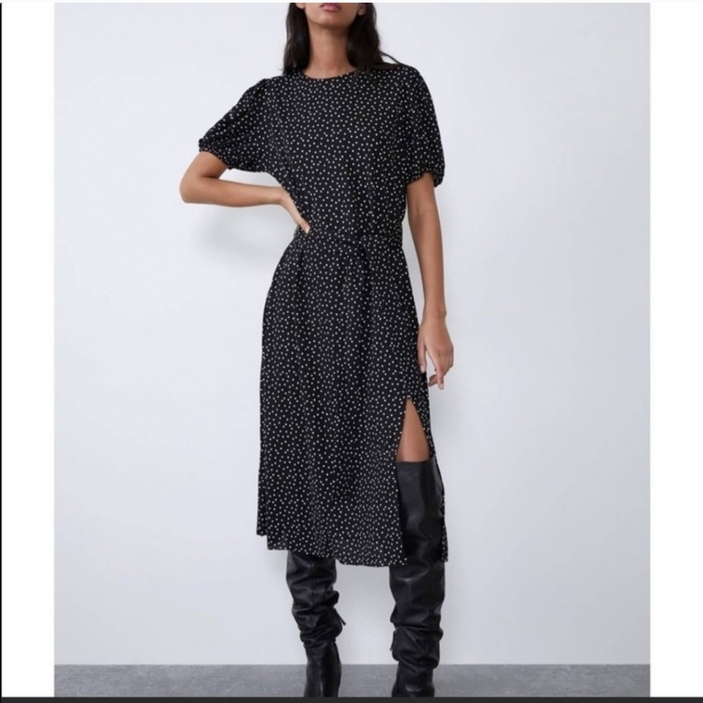 Zara Black Polkadot Belted Puff sleeved MIDI Dress Size Large NWOT